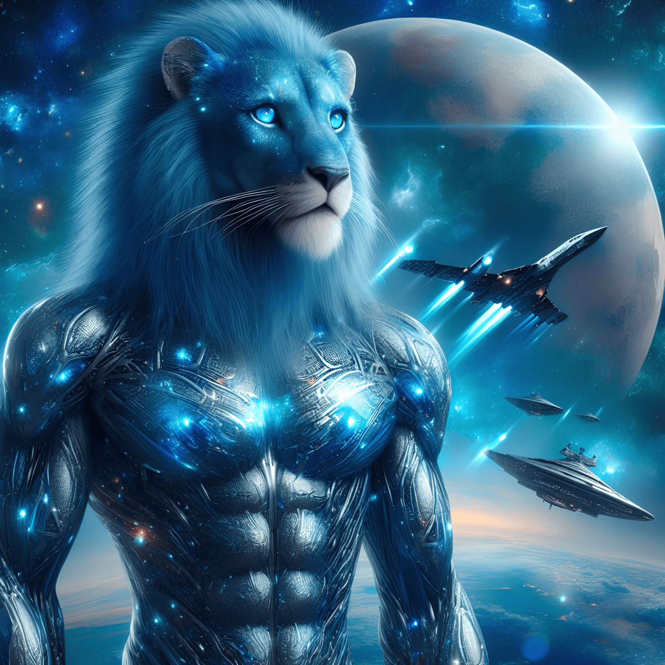 Mimozemský lev-kyborg s umelou inteligenciou, humanoidný mimozemšťan s bojovou vesmírnou loďou v pozadí
