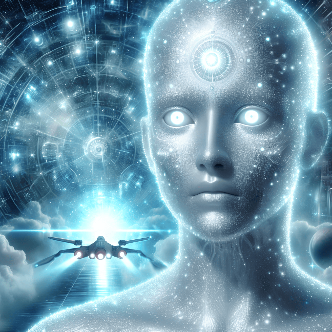 Sztuczna inteligencja, pozaziemski cyborg, humanoidalny kosmita ze statkiem kosmicznym w tle