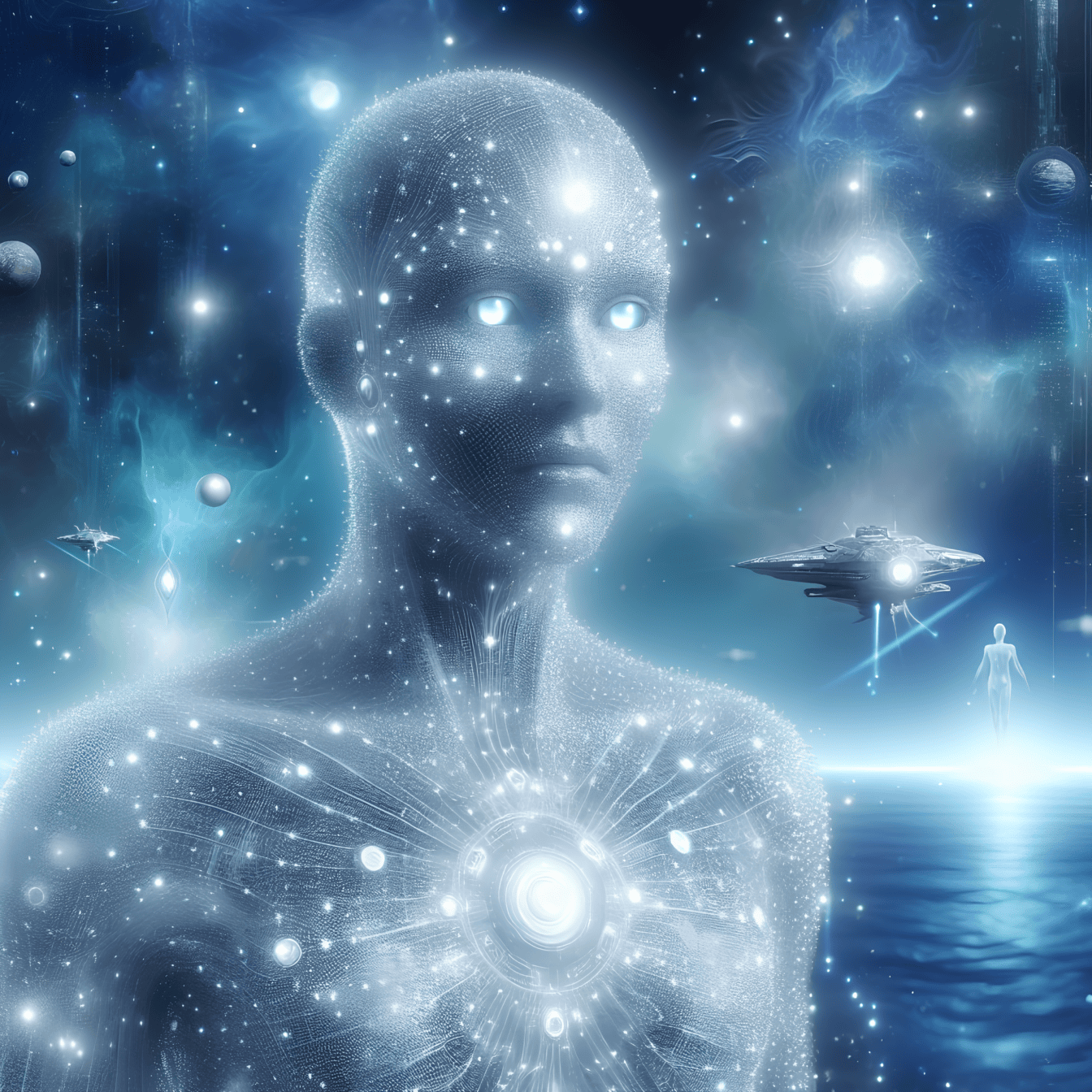 Eine surreale außerirdische Lebensform, ein spiritueller humanoider Außerirdischer mit leuchtend blauen Augen