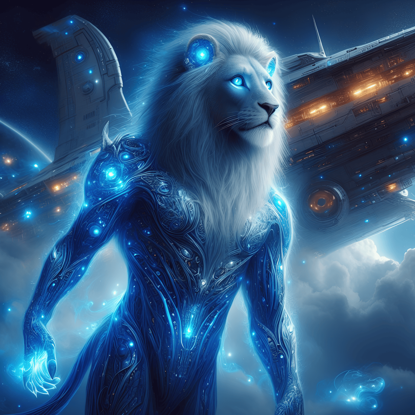 Um leão-alienígena azul escuro, um humanoide-ciborgue extraterrestre com olhos brilhantes