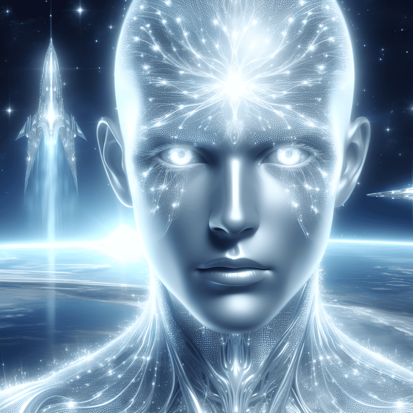 Koncept kvantového mimozemšťana, portrét mimozemského kyborga s umelou inteligenciou s vesmírnou loďou v pozadí
