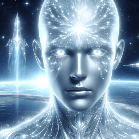 Η έννοια του κβαντικού εξωγήινου, πορτρέτο ενός εξωγήινου cyborg τεχνητής νοημοσύνης με ένα διαστημόπλοιο στο παρασκήνιο