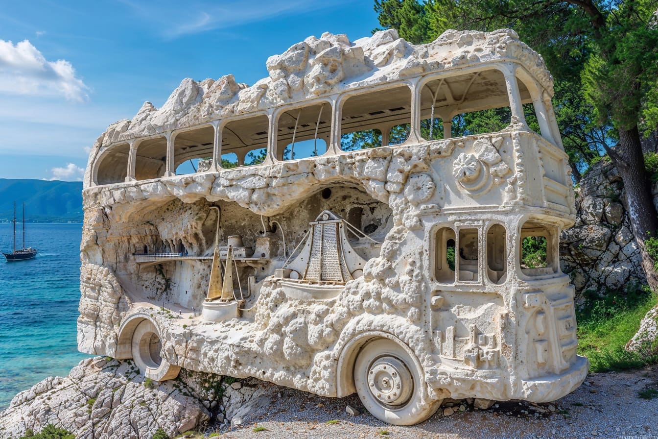 Una scultura di autobus scolpita nella pietra su una spiaggia, simbolo del viaggio in Croazia