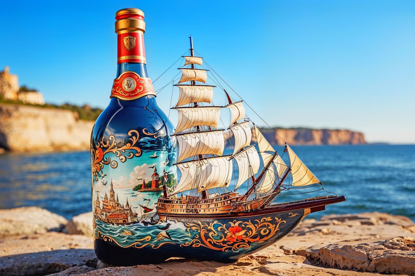 Unik flaska med en båtmodell målad i nautisk stil