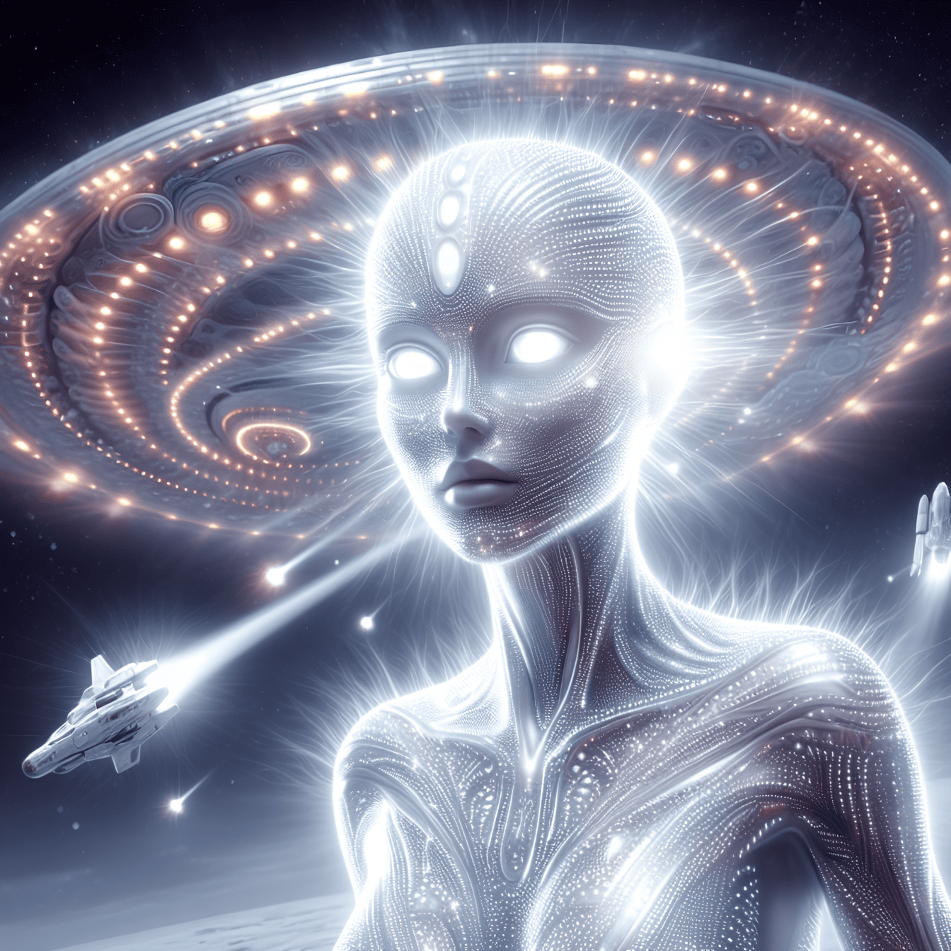 Quantum phantom alien, et hvidt glødende rumvæsen med et rumskib i baggrunden