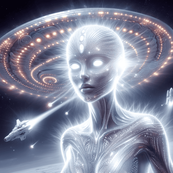 Kvantový fantómový mimozemšťan, biely žiariaci mimozemšťan s vesmírnou loďou v pozadí