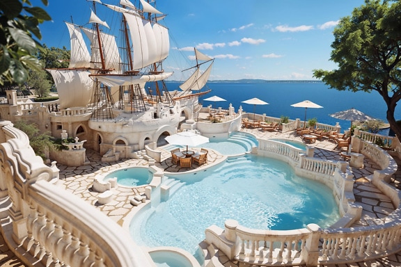 El concepto de una lujosa piscina en la terraza junto a la playa con una casa en forma de velero