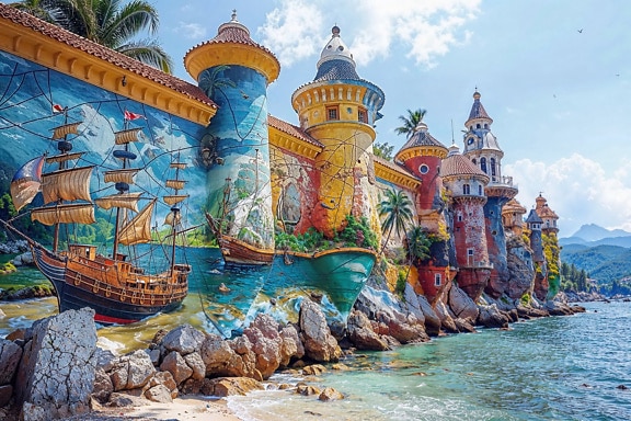 克罗地亚海滩上一座坚固城堡墙上的涂鸦