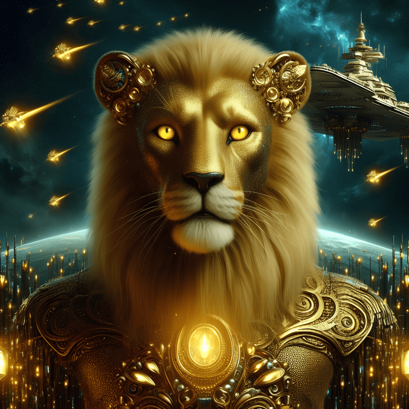 Kultainen leijona muukalainen haarniskassa futuristisen avaruusaluksen lentäessä taustalla