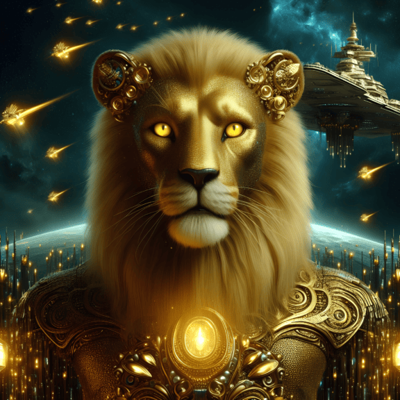 鎧を着た黄金のライオンのエイリアンと、背景に飛んでいる未来の宇宙船
