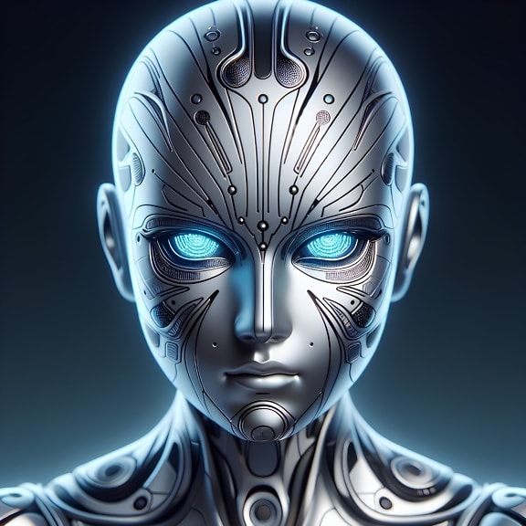 Hodet til en androiderobot, et cyborg-utenomjordisk med en kunstig intelligens og glødende øyne