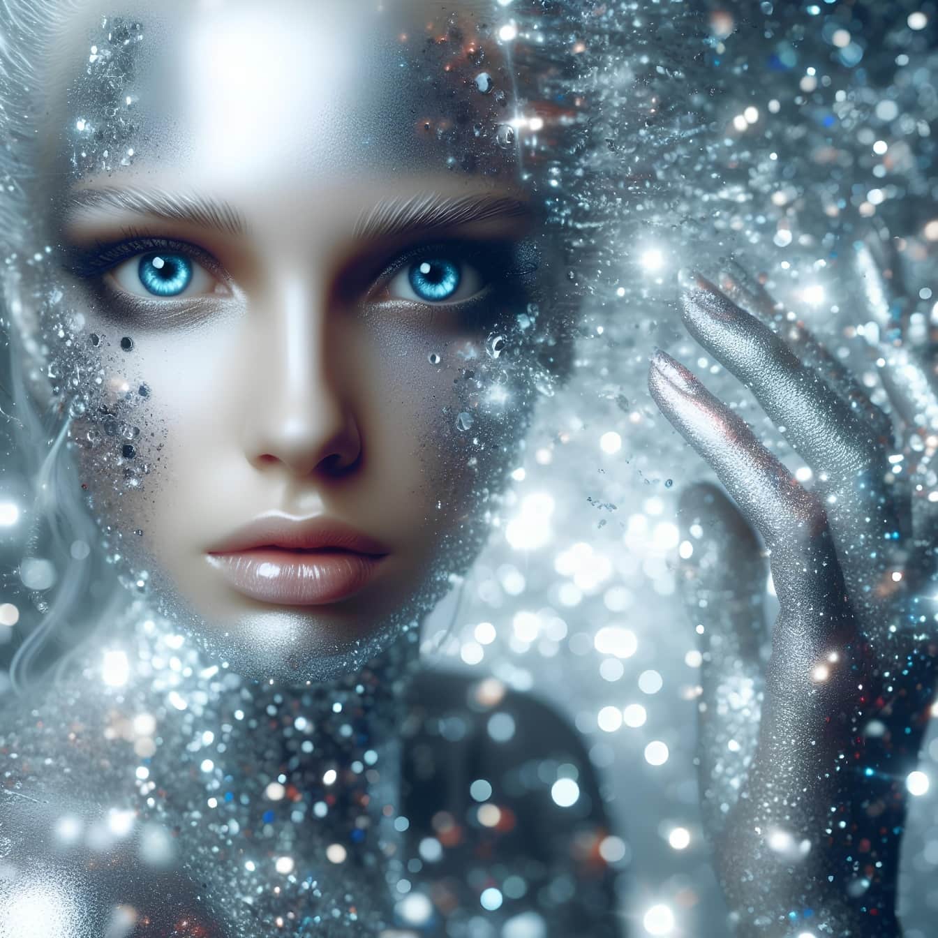 Magiczna kobieta z błyszczącym srebrnym brokatem i niebieskimi oczami