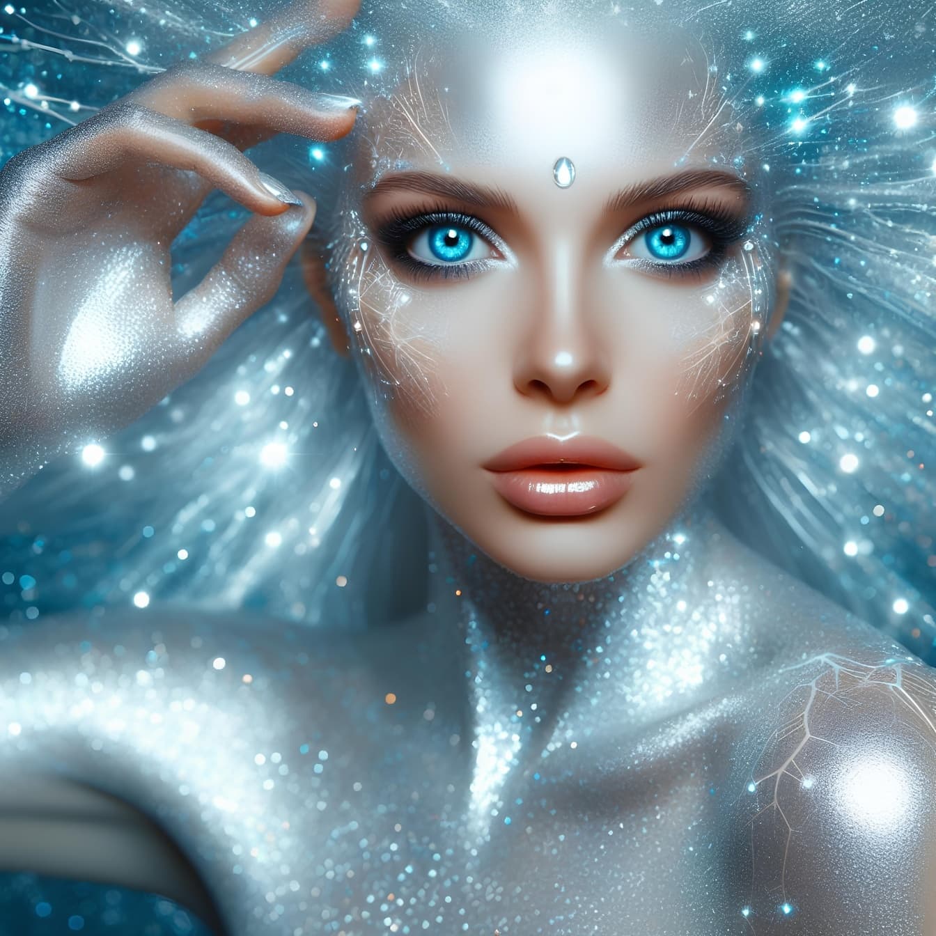 Afbeelding van een spirituele vrouw met glitter op haar lichaam die astrale energie en hypnose illustreren