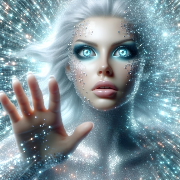 Humanoidná kyborgská žena používa techniku kvantovej hypnózy na prenos astrálnej energie