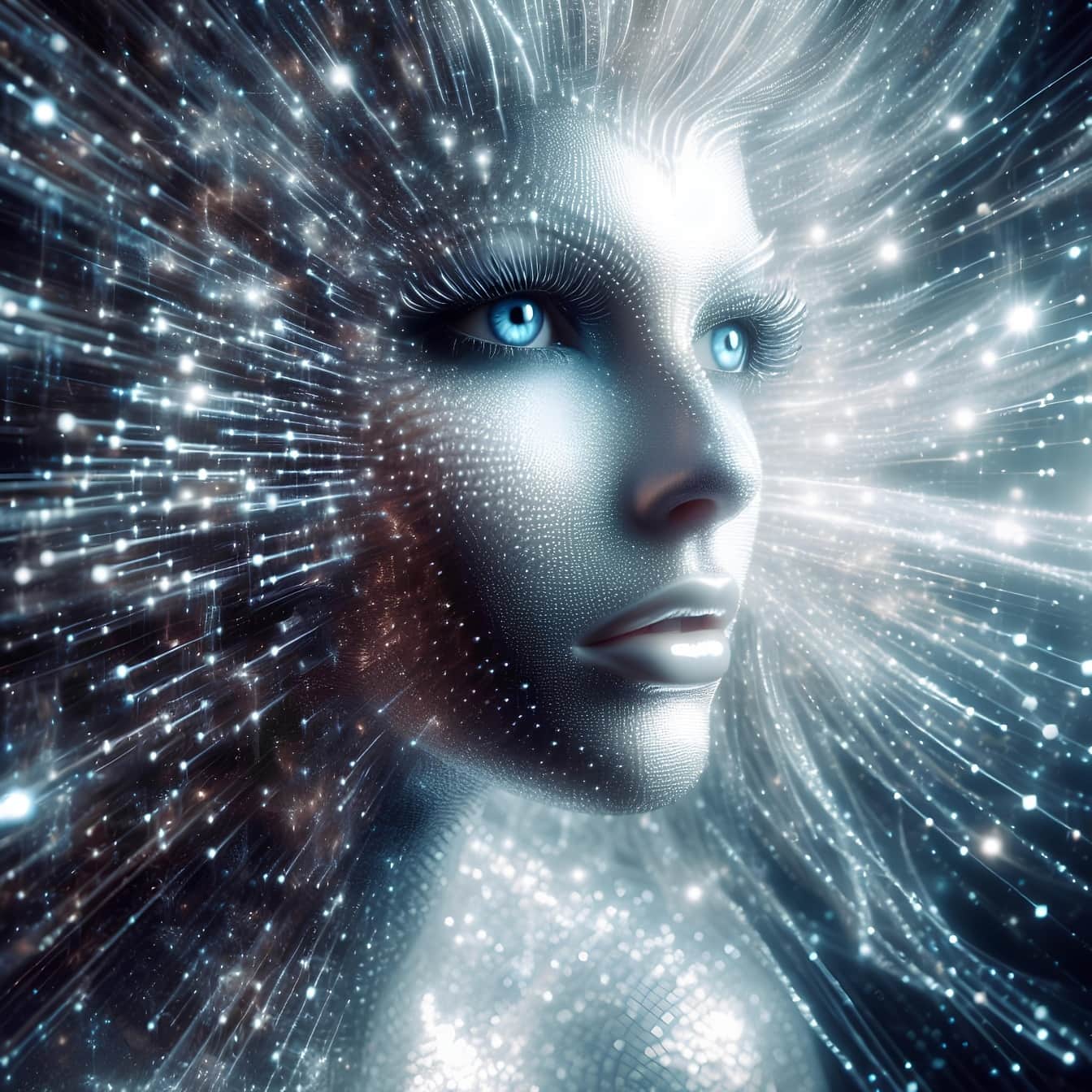 Volto digitale di una donna spirituale raffigurante l’energia astrale e l’ipnosi quantistica