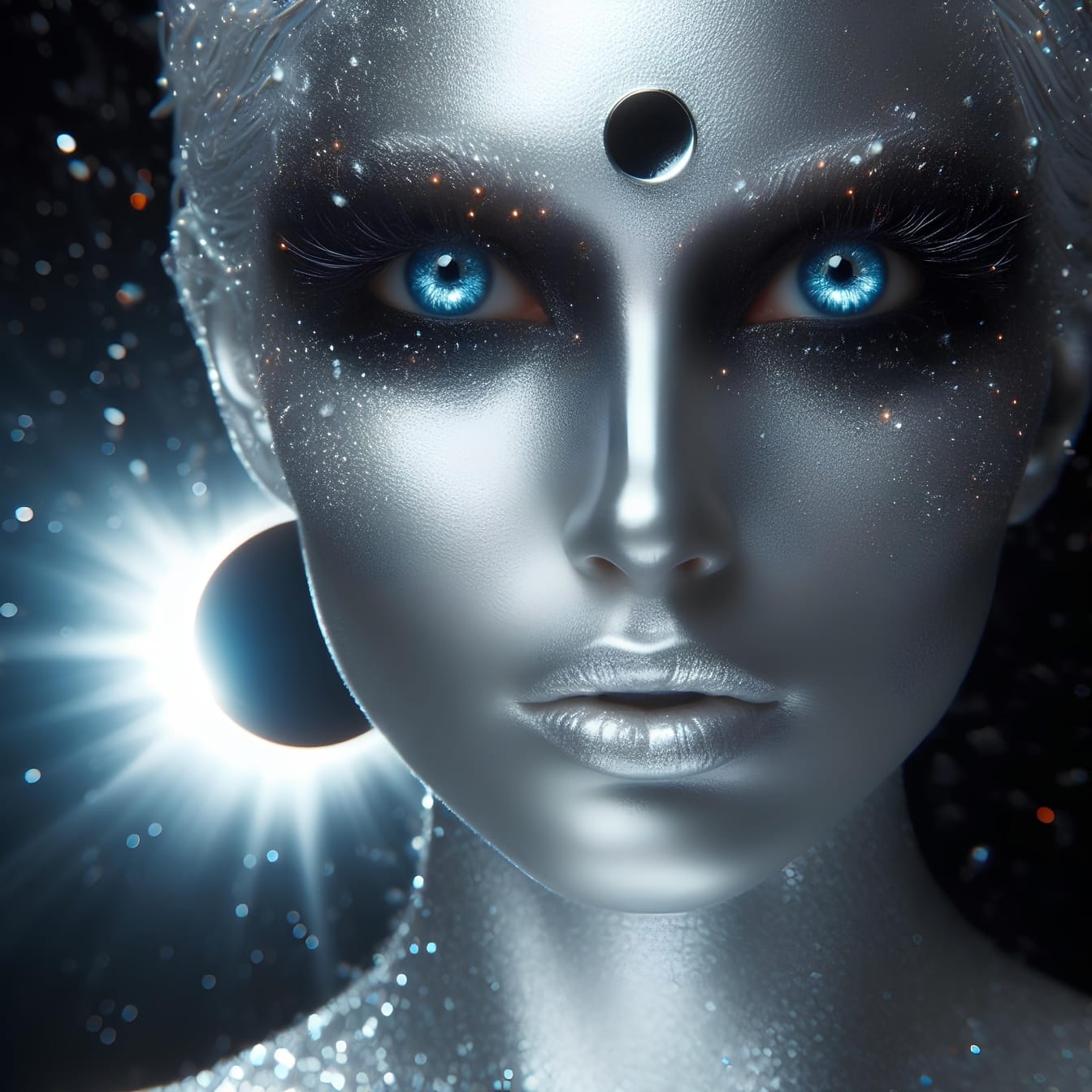 Grafika przedstawiająca fantazyjną kobietę o srebrnej skórze i niebieskich oczach przedstawiającą hipnozę kwantową