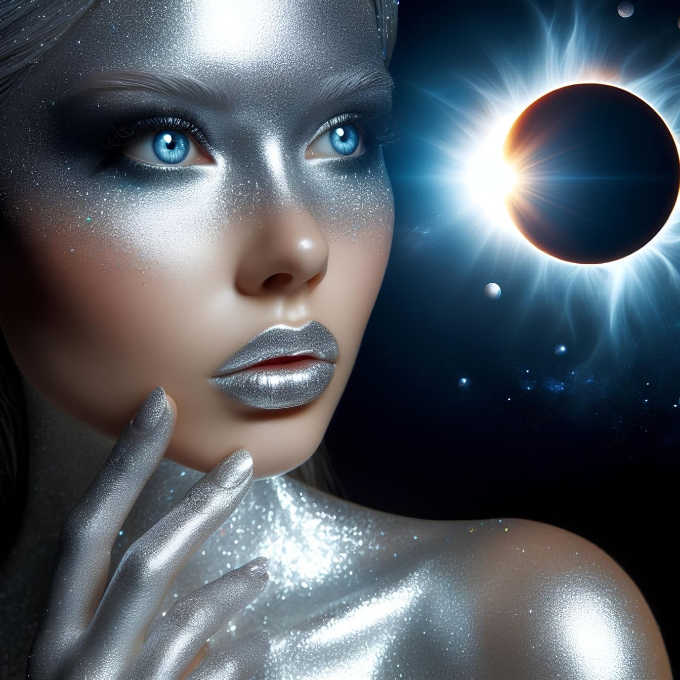 Grafika cyfrowa przedstawiająca kobietę z brokatowym makijażem i niebieskimi oczami, przedstawiająca piękno astralne