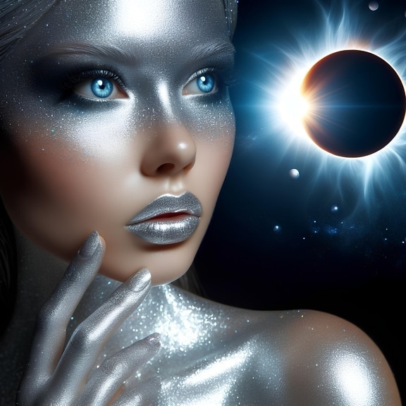 Parıltılı makyajlı ve mavi gözlü bir kadının dijital grafiği, astral güzelliğin tasviri