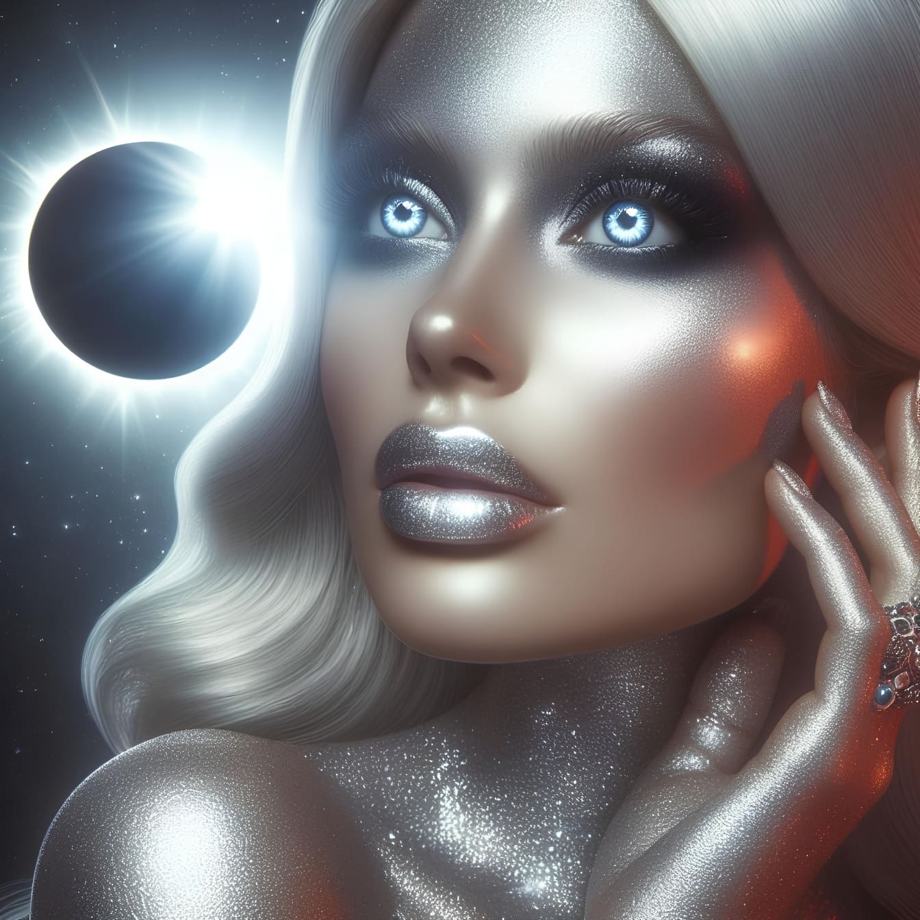 Digital grafik av kvinna med glansigt silversmink och silverfärgat hår med planetförmörkelse i bakgrunden