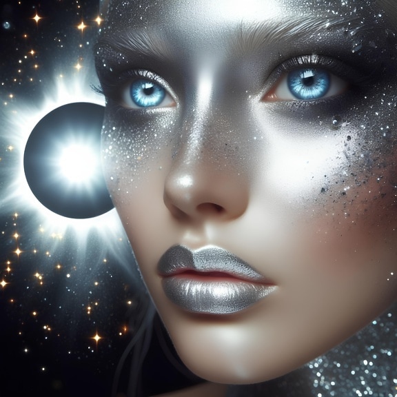 Женщина с серебристым блестящим макияжем и голубыми глазами, изображающая космическую божественность