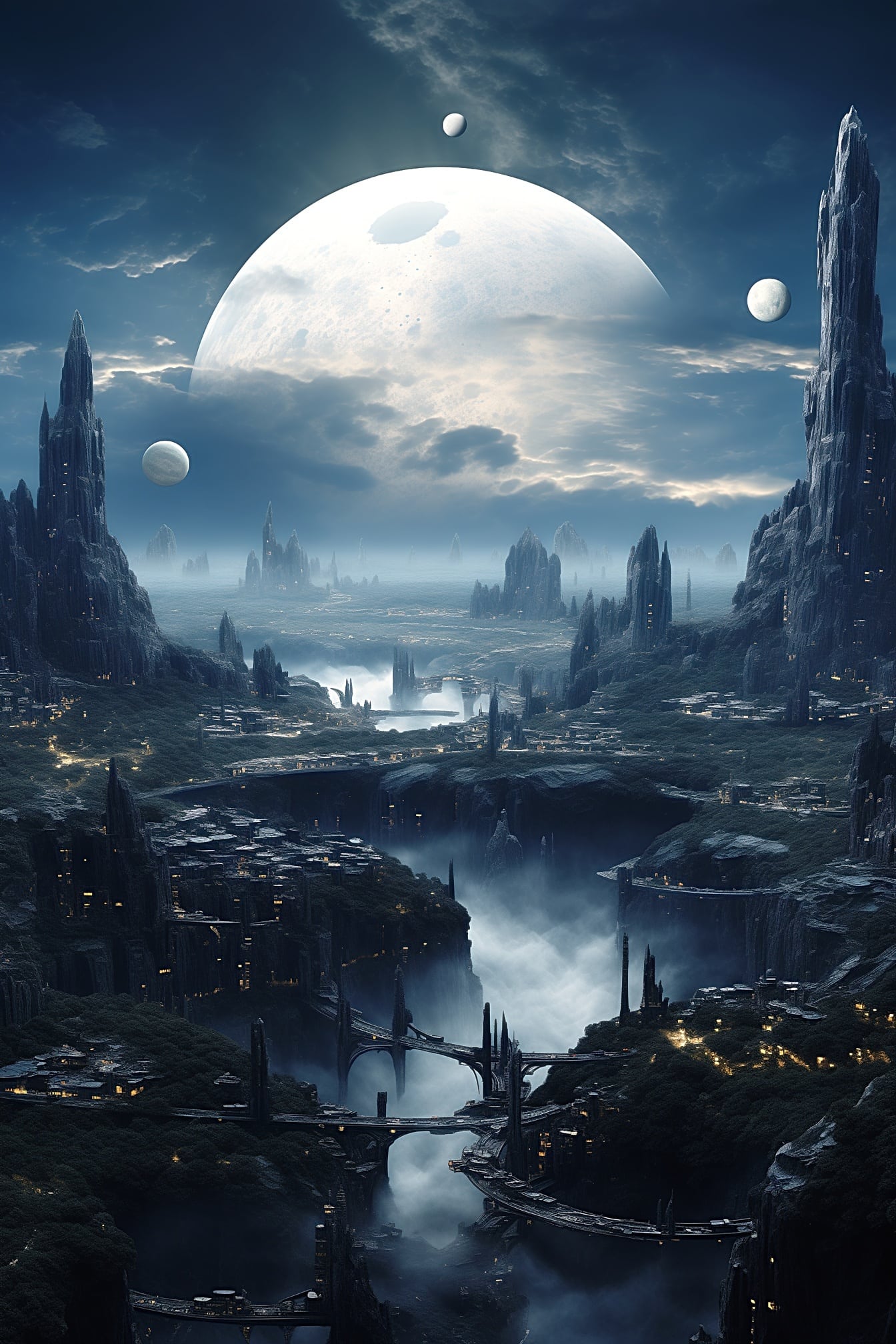 Fantastinen kuun metropoli surrealistisella planeetalla, jossa on useita pieniä ja yksi iso kuu taivaalla