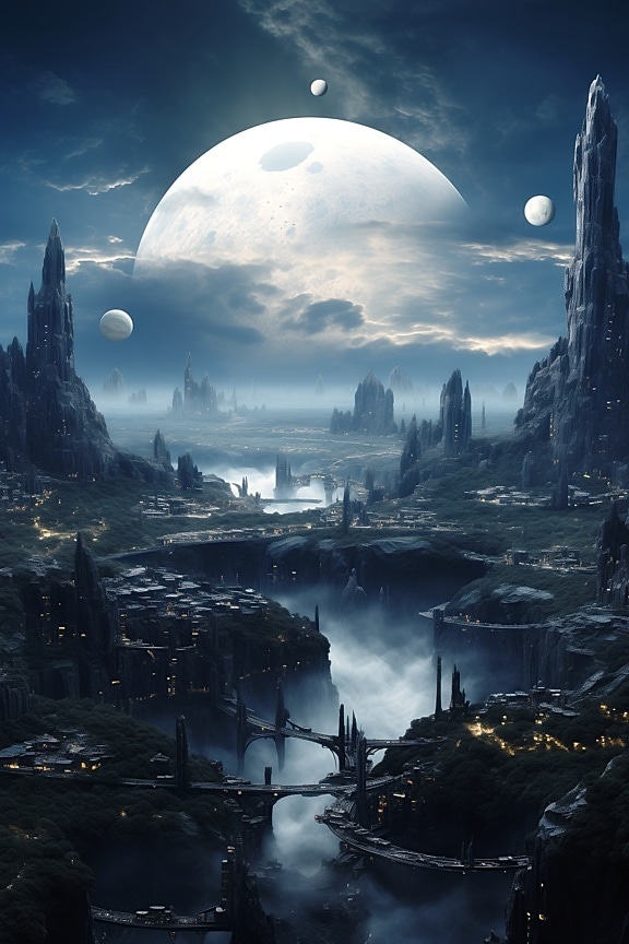 Fantástica metrópole lunar no planeta surreal com várias luas pequenas e uma grande no céu