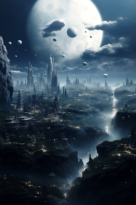 Planeta de fantasía con muchas lunas con ciudad lunar