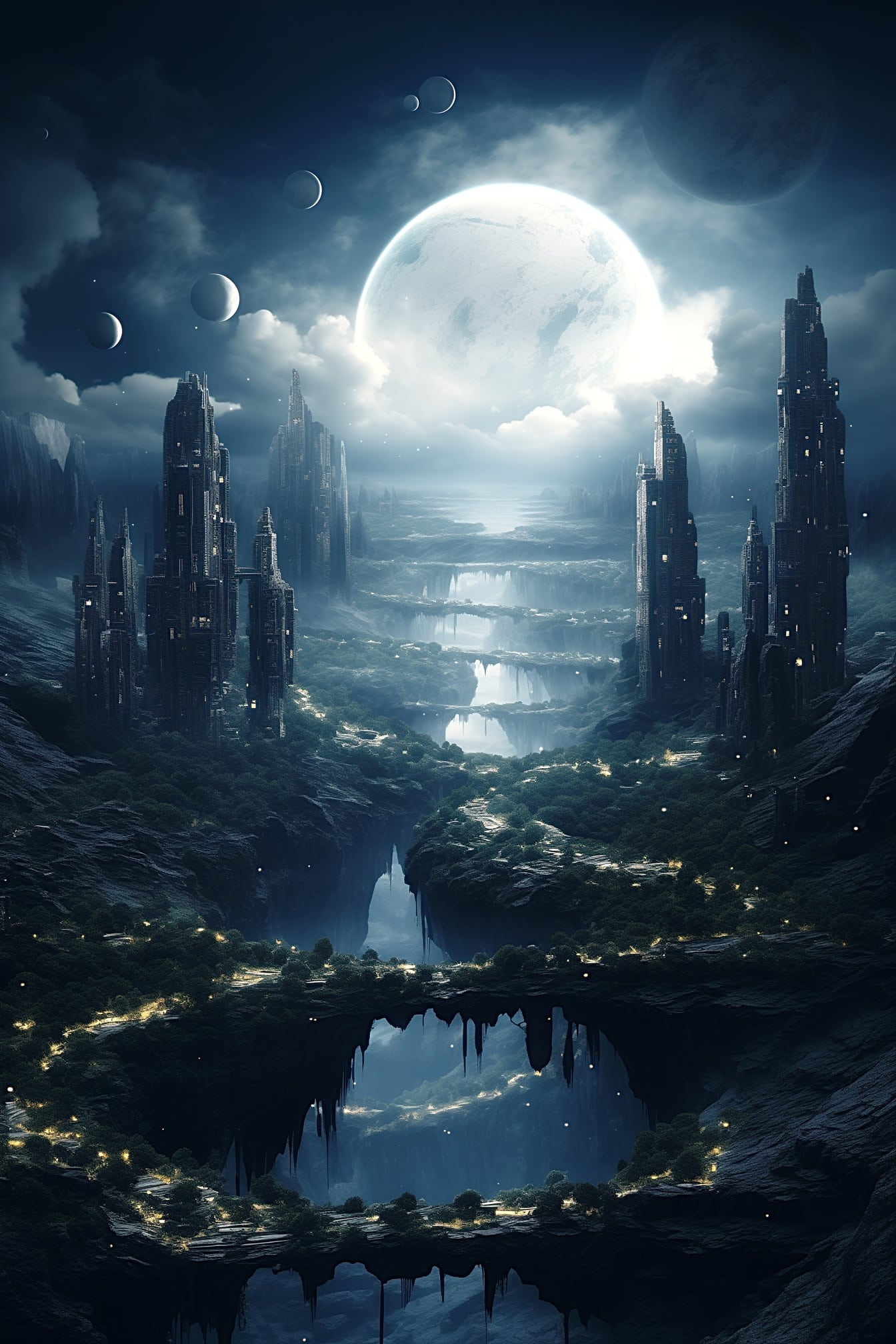 Čarobni lunarni grad na planetu snova s mnogo mjeseca na nebu noću