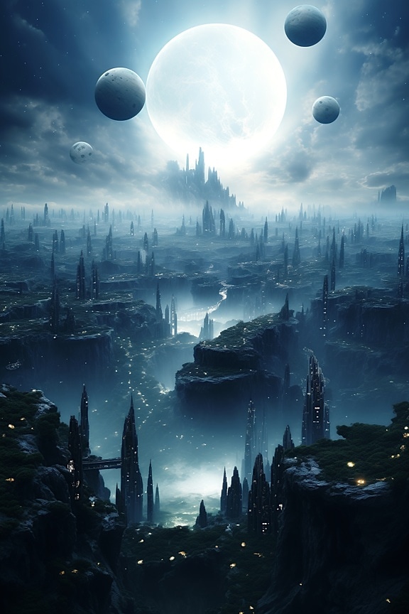 Gráfico surreal com muitas luas representando uma atmosfera de ficção científica cativante acima da cidade lunar