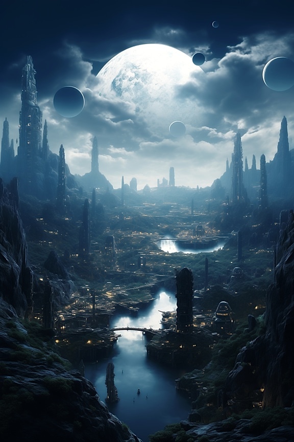 Futuristic metropolis on distant planet depicting a captivating science fiction atmosphere