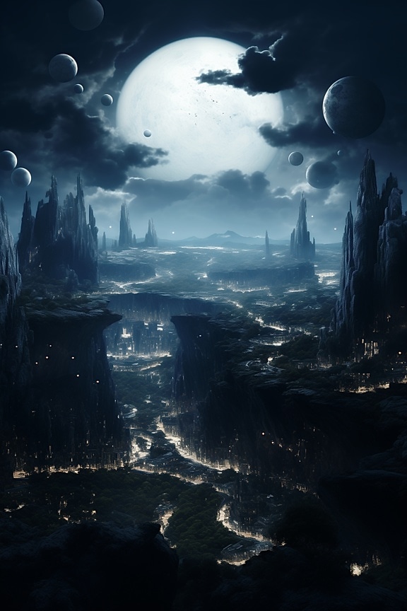 Dark fantasy graphic of lunar metropolis on distant planet