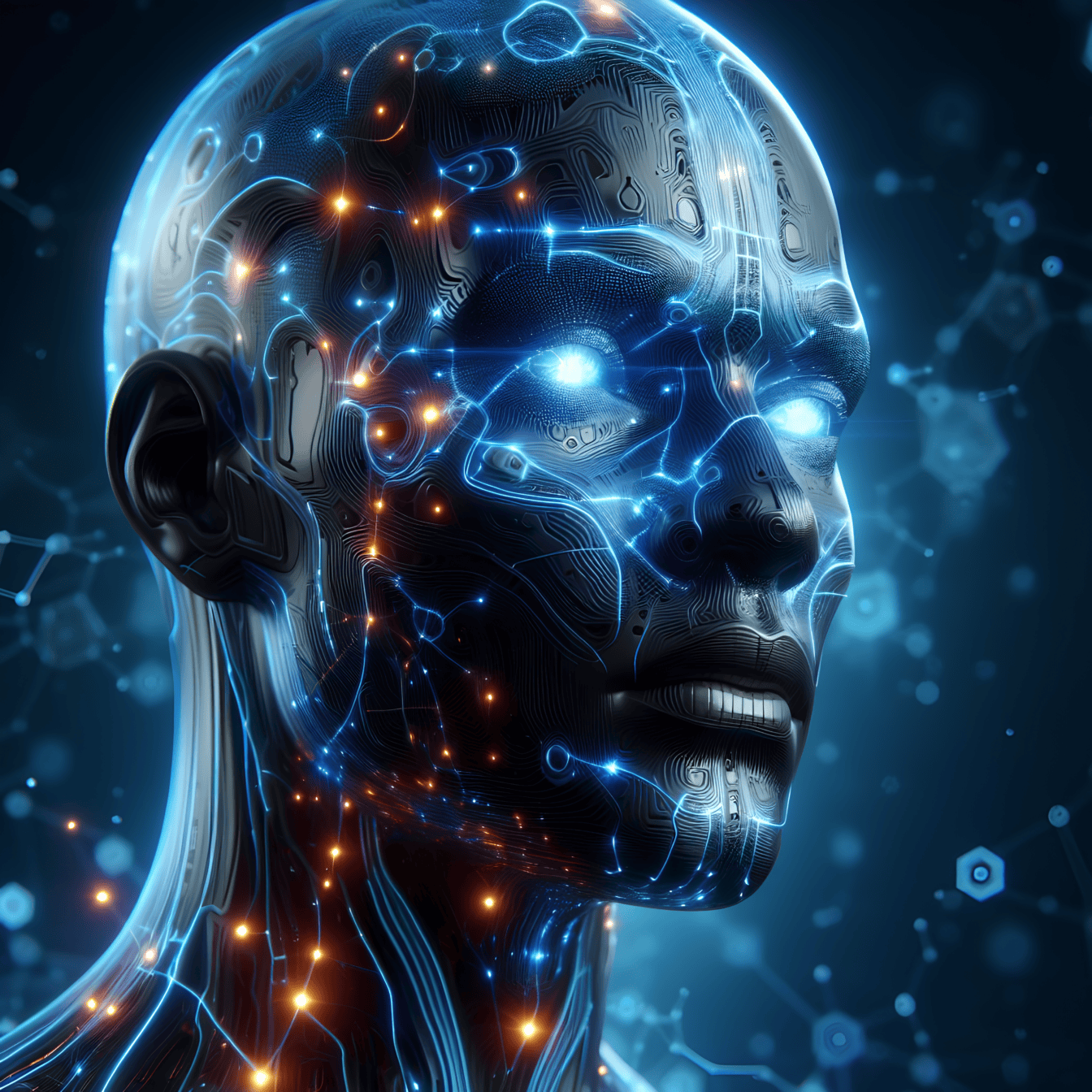 Grafika przedstawiająca głowę humanoidalnego robota-cyborga ze sztuczną inteligencją w stylu wirtualnej rzeczywistości