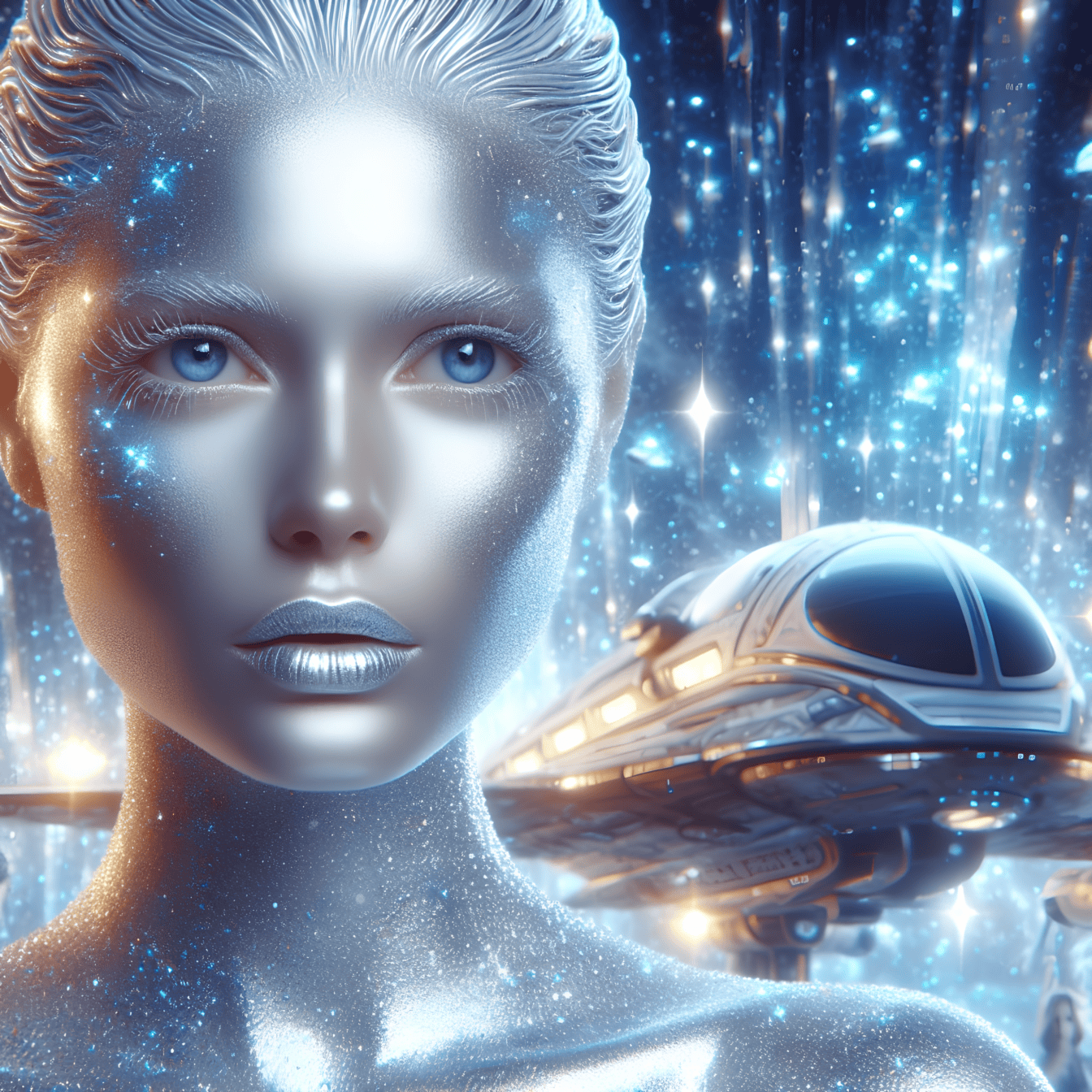 Humanoidná mimozemská vyššia bytosť v ženskej podobe s lesklým trblietavým make-upom a kozmickou loďou v pozadí