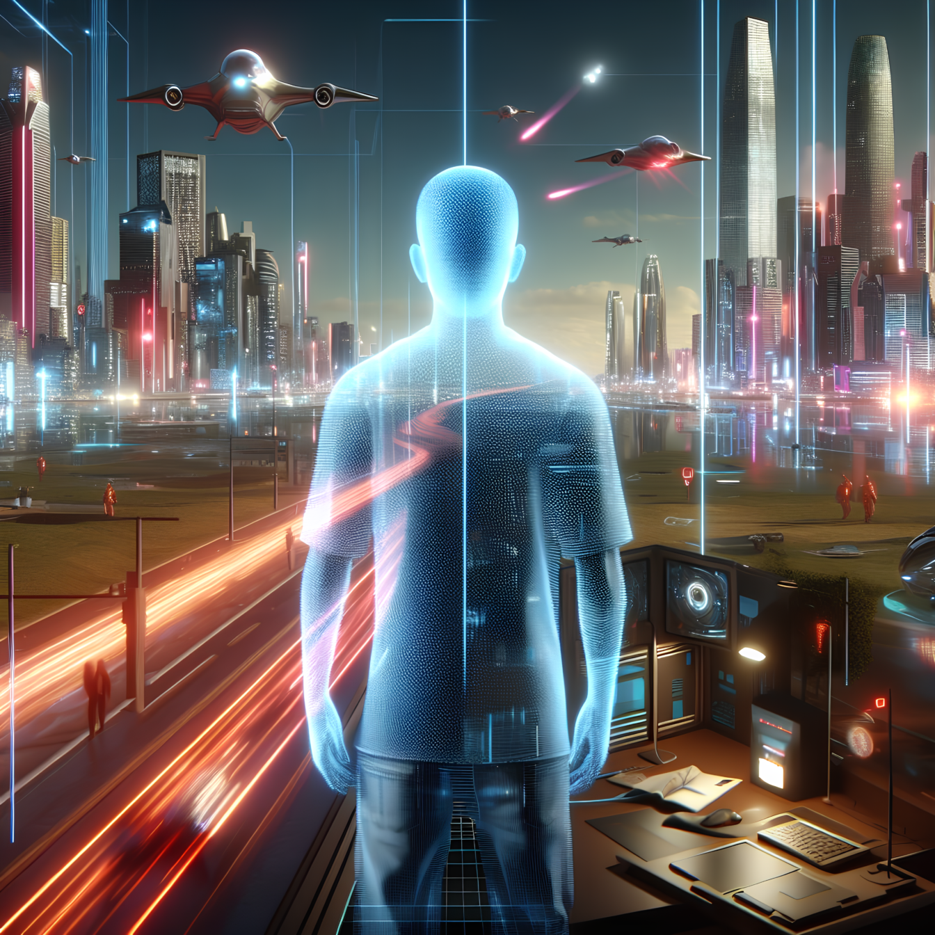 Persoană în interiorul matricei computerizate din lumea virtuală care descrie granița invizibilă dintre viața reală și realitatea virtuală