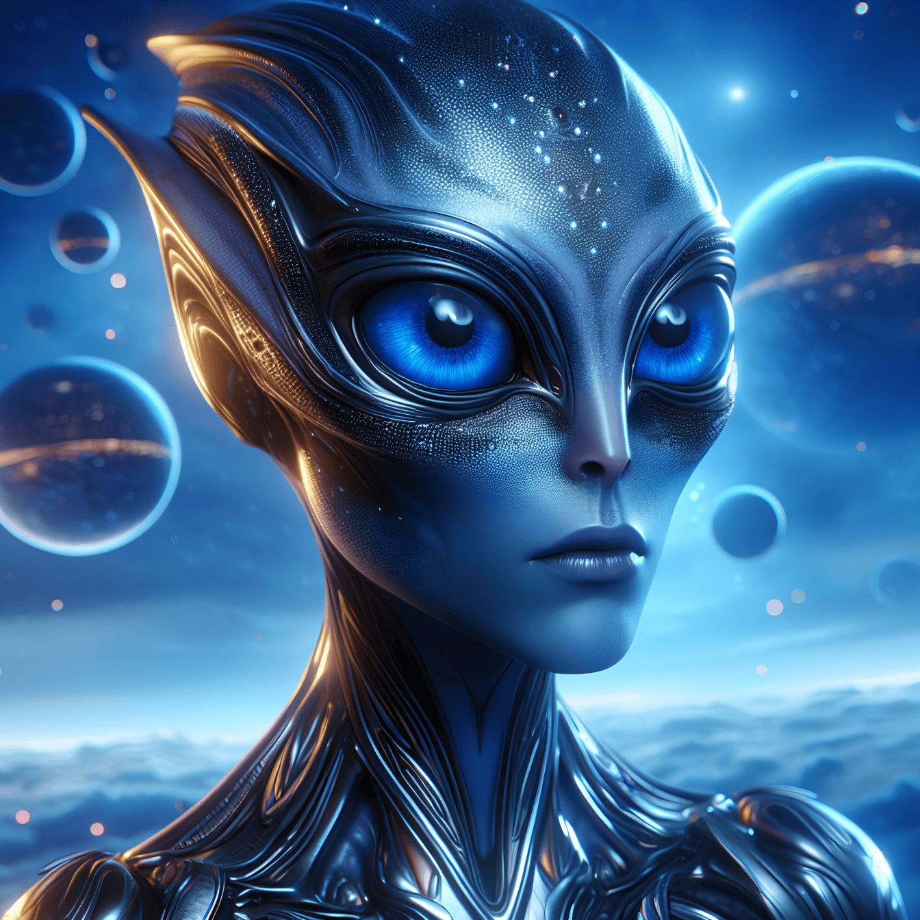 Retrato de una hembra de criatura cuántica extraterrestre con grandes ojos azules oscuros brillantes