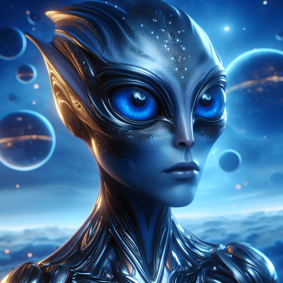Portrét ženy mimozemské kvantové bytosti s velkýma zářícíma tmavě modrýma očima