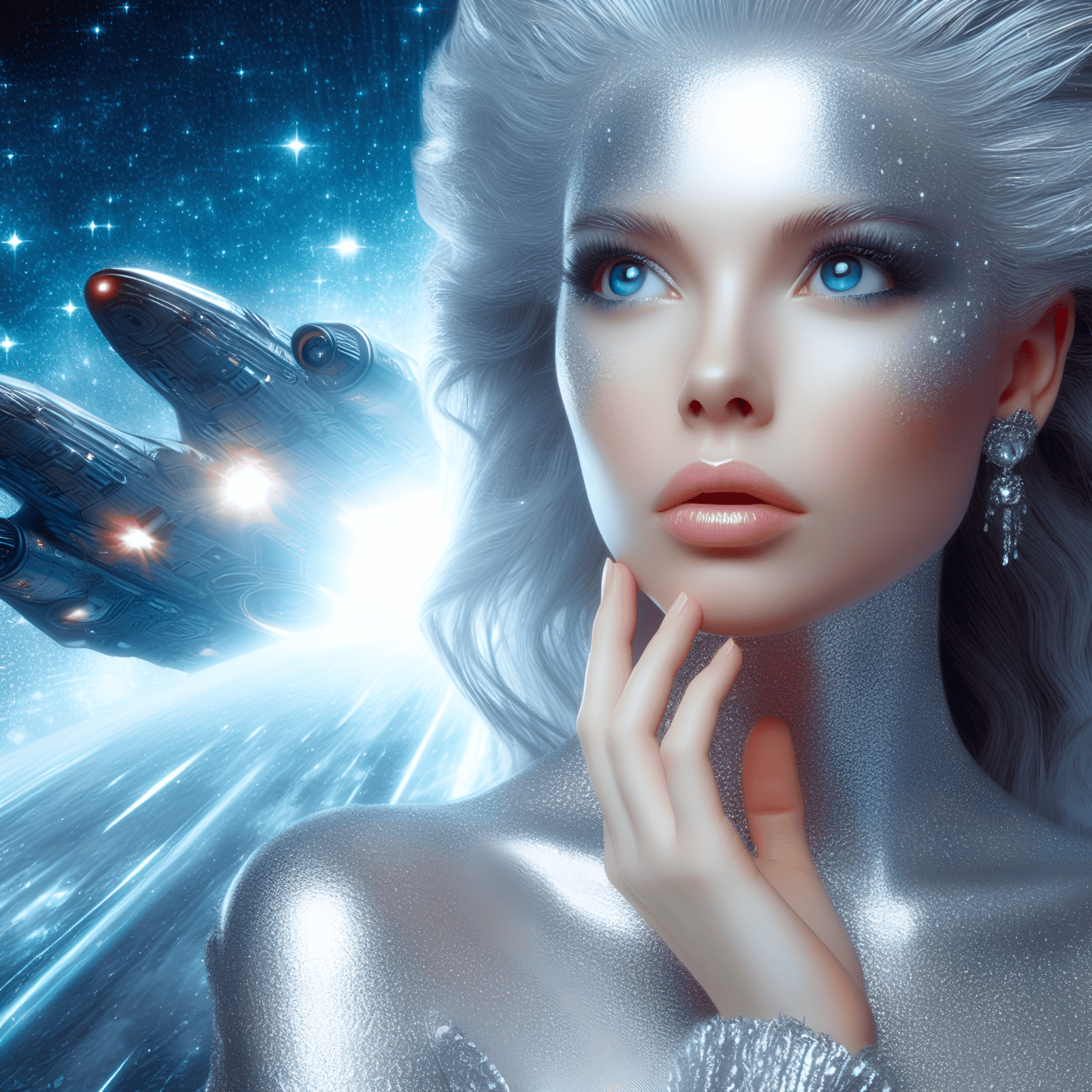 Portret van een godin van een vreemd hoger wezen met een ruimteschip op de achtergrond