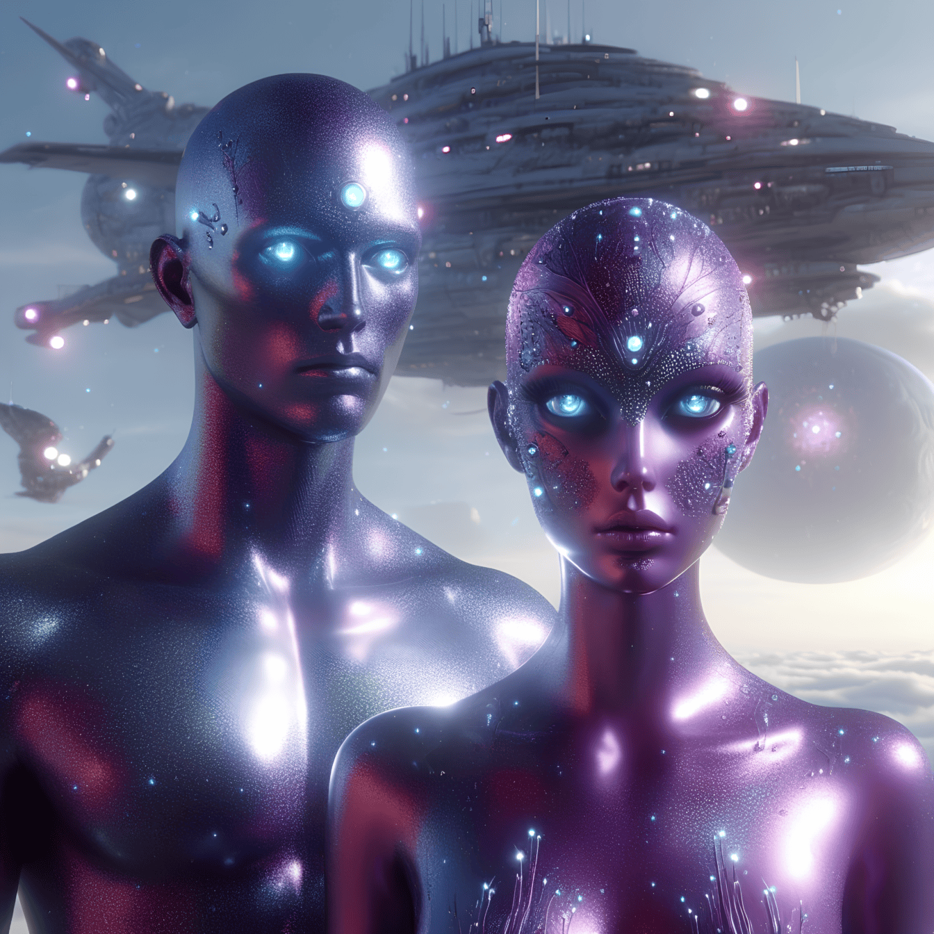 Mužskí a ženskí humanoidní mimozemšťania s kozmickou loďou v pozadí