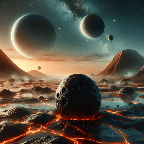 표면에 뜨거운 마그마가 있는 멀리 떨어진 황량한 행성의 놀라운 풍경
