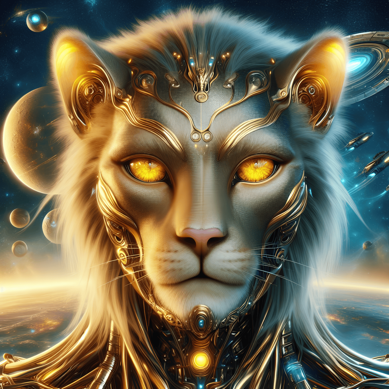 Retrato de uma divindade dourada, um leão-ciborgue extraterrestre de outro planeta