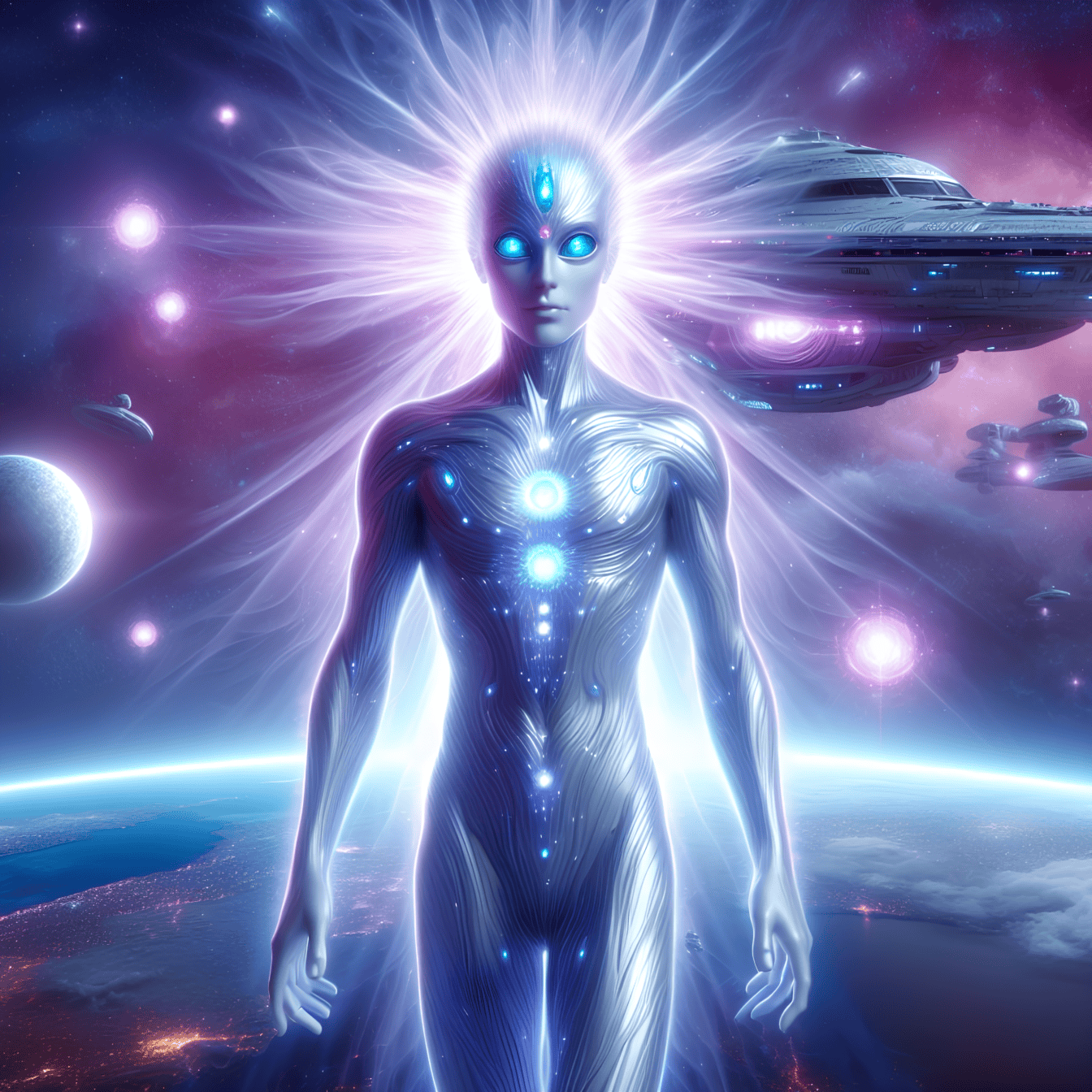 Un ser superior extraterrestre humanoide con las habilidades de hipnosis y lectura de la mente usando hipnosis cuántica