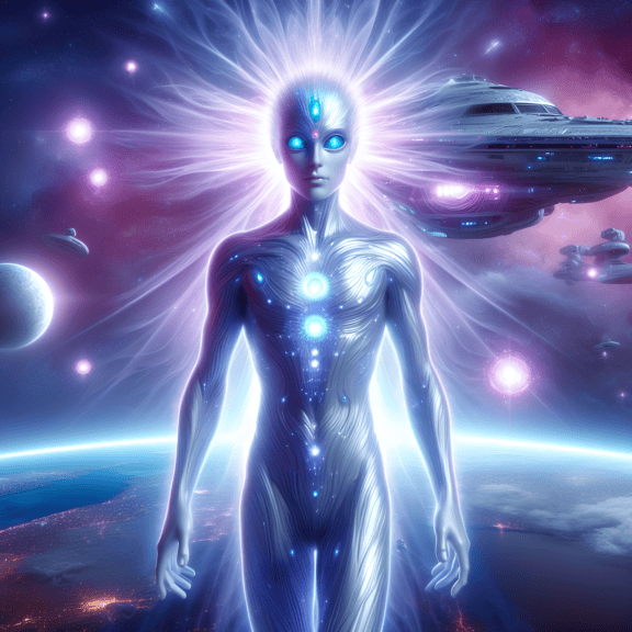 Ein humanoides außerirdisches höheres Wesen mit den Fähigkeiten der Hypnose und des Gedankenlesens mittels Quantenhypnose