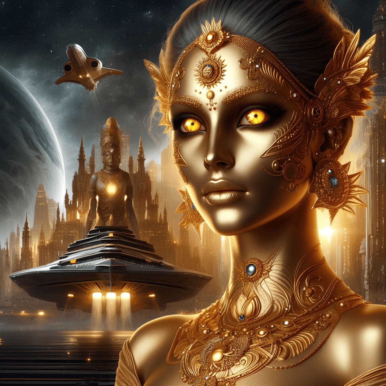 Retrato de um ser superior, uma deusa de origem alienígena vestindo uma roupa de ouro