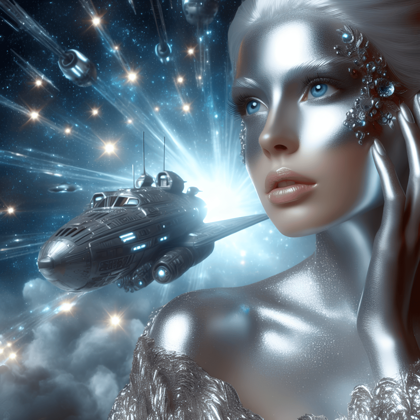 Um conceito de um ser superior extraterrestre humanoide-cibernético com maquiagem brilhante e cintilante e uma nave espacial ao fundo