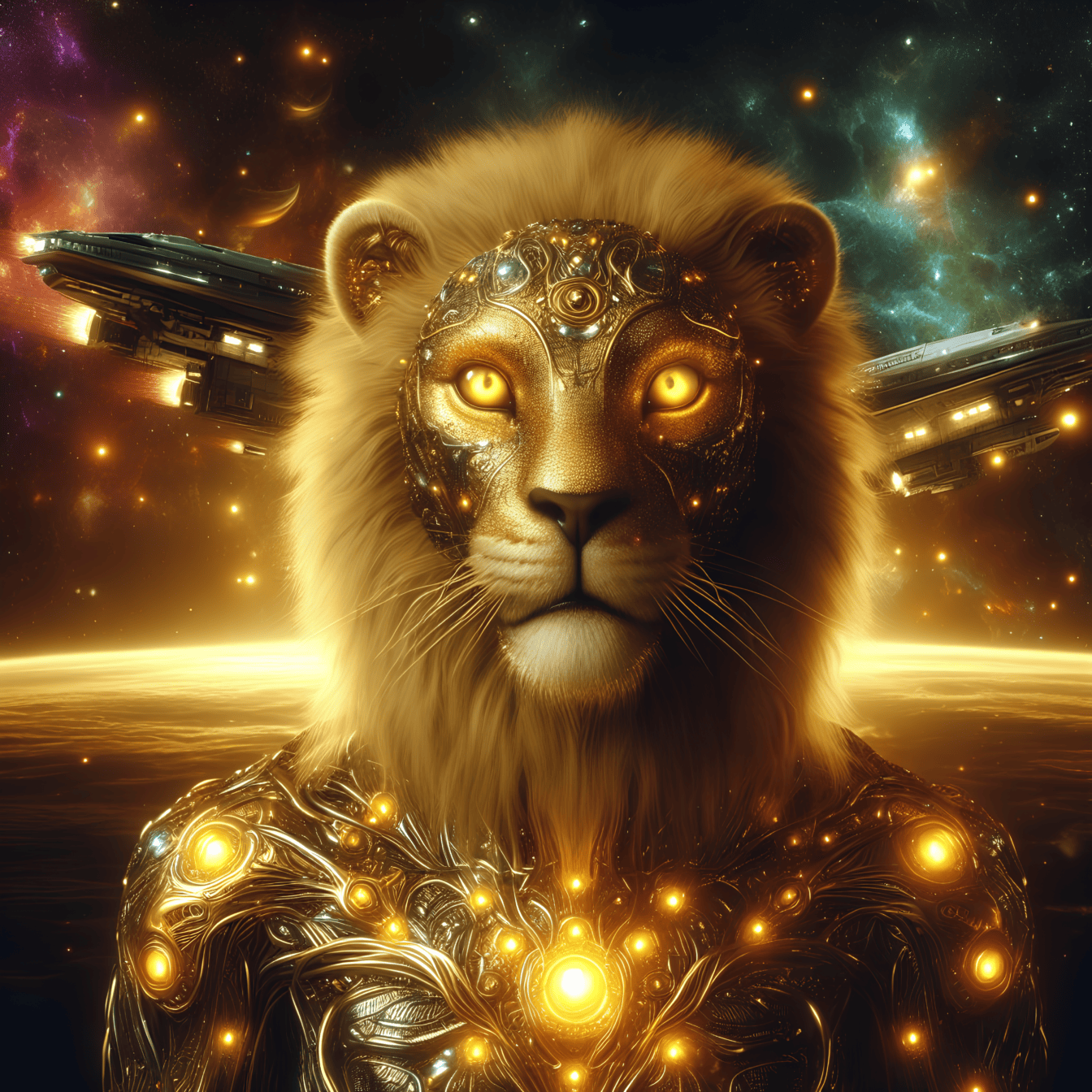 Portrét zlatého božstva, lví kyborgský mimozemšťan v zářícím brnění s kosmickými loděmi v pozadí