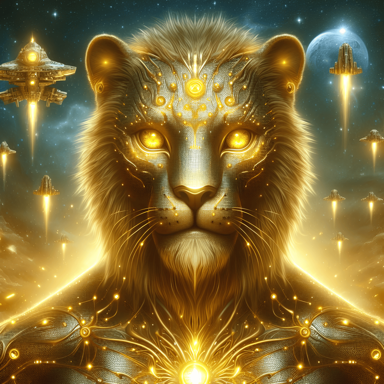 Gráficos digitales de un león alienígena dorado con ojos amarillos brillantes