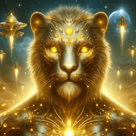 Digital graphics of an golden alien lion with shiny yellow eyes