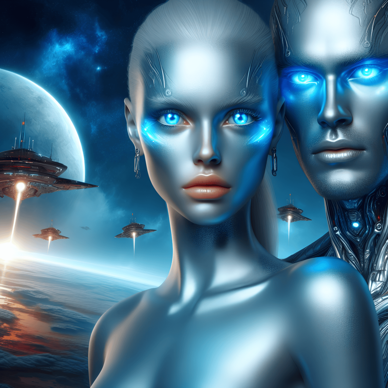 Muotokuva mies- ja naispuolisesta humanoidista, maapallon ulkopuolisista kyborgiroboteista