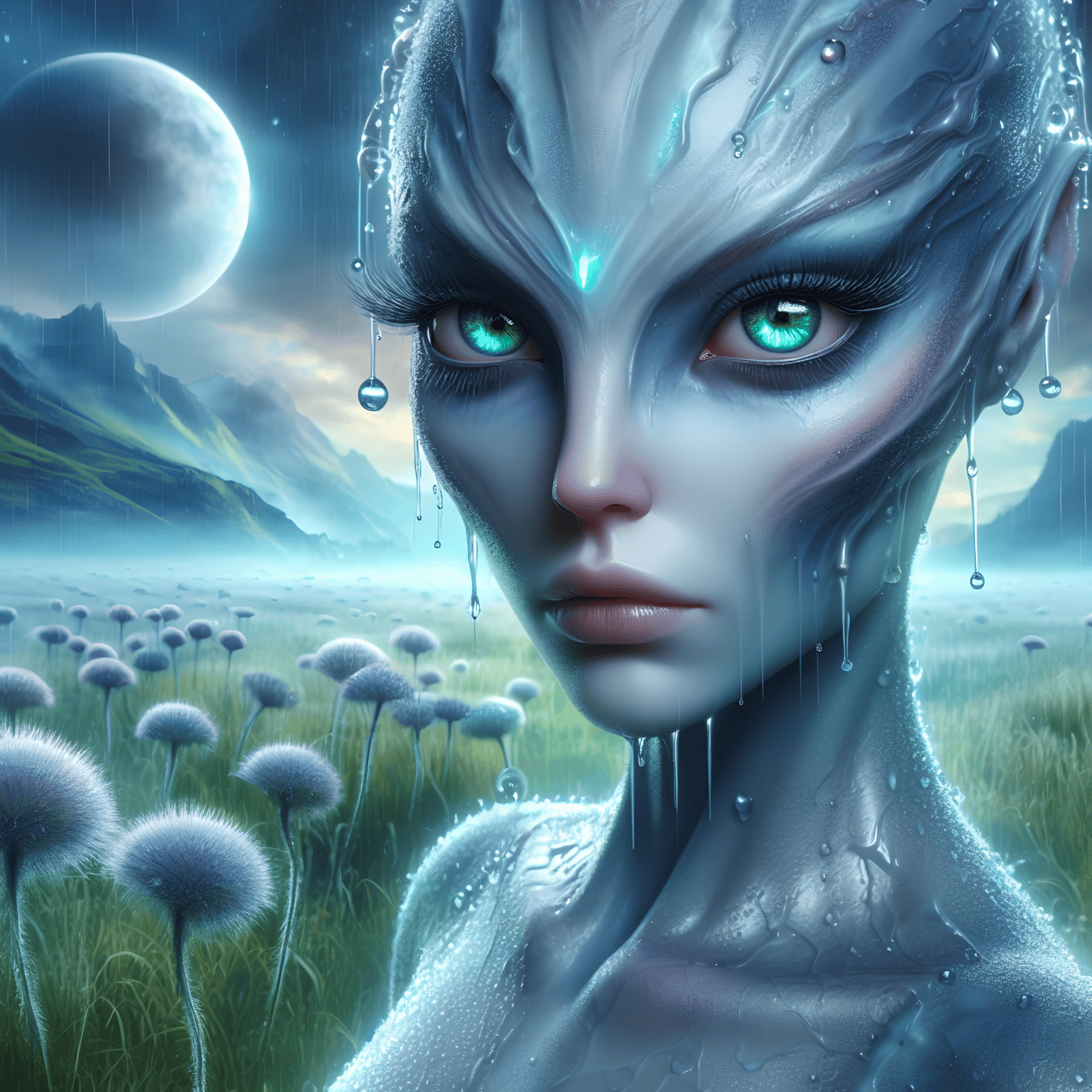 Porträtt av en magisk humanoid kvinnlig utomjordisk varelse i regnet