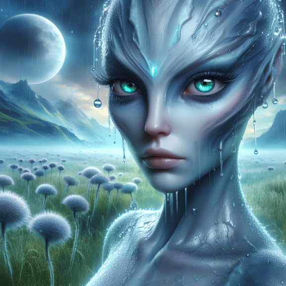 Ritratto di una magica creatura aliena femminile umanoide sotto la pioggia